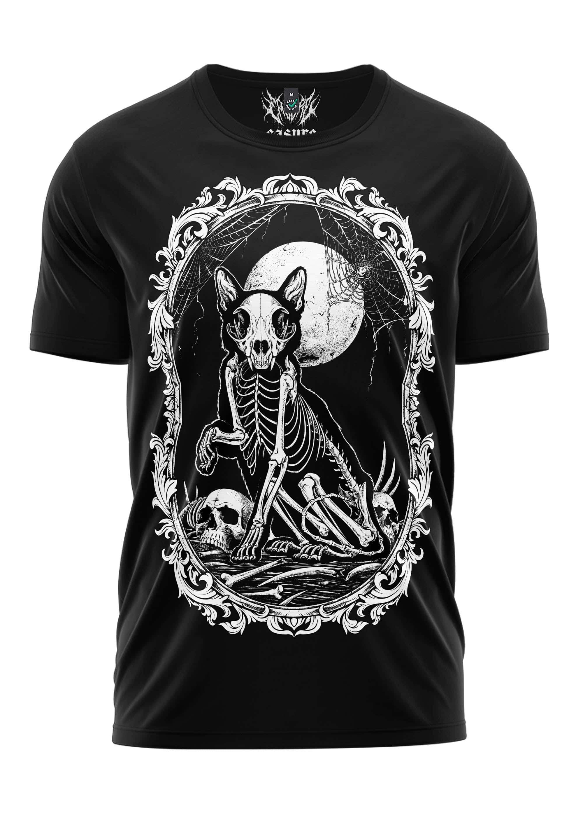 Schwarzes gothic kurzarmshirt death cat mit weißem skelettkatzenmotiv unter mond und barocker rahmen